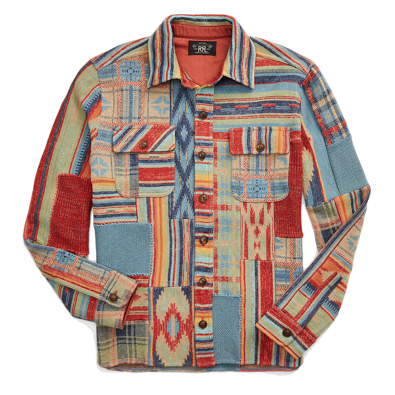 RRL by Ralph Lauren Patchwork Workshirt Jumper Rust Multi Menswear Yards Store